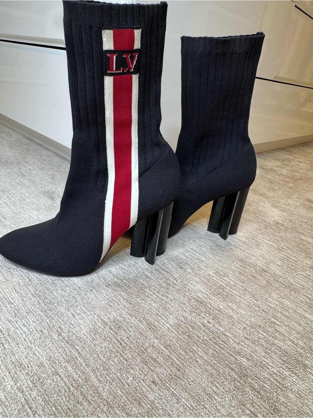 Louis Vuitton Black Knit Sock Boots with Red and White Racing Stripe
